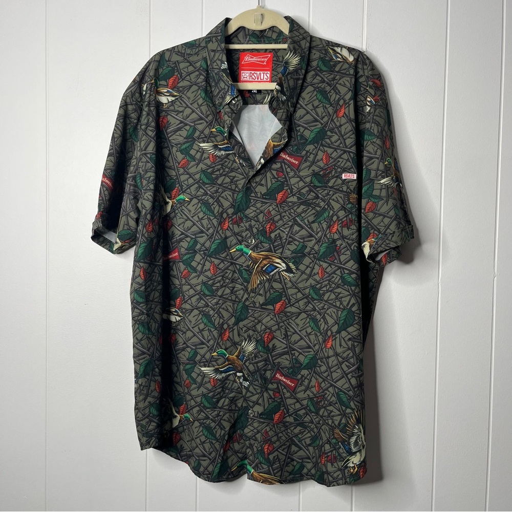 RSVLTS King of Quacks Budweiser Short Sleeve Button Down Duck Print Size 2XL